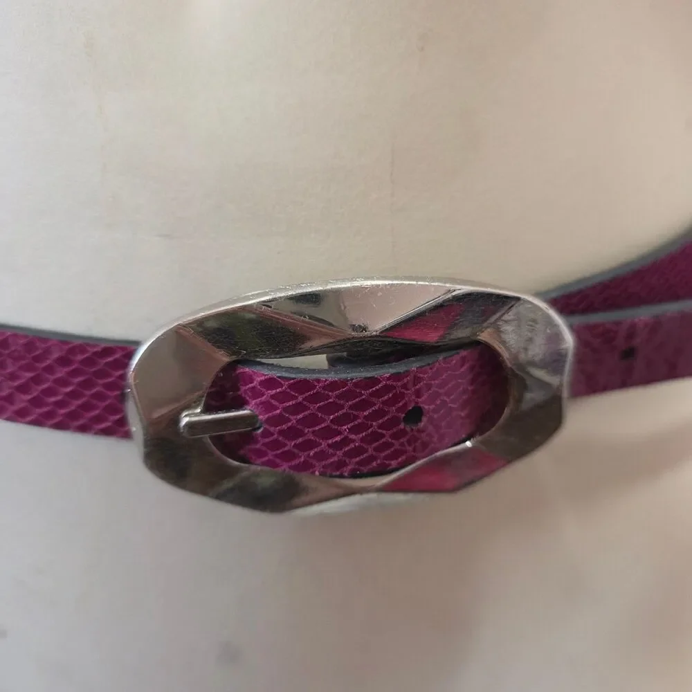 Women's Magenta Snakeskin‎ Embossed Skinny Belt Silver Buckle Adjustable